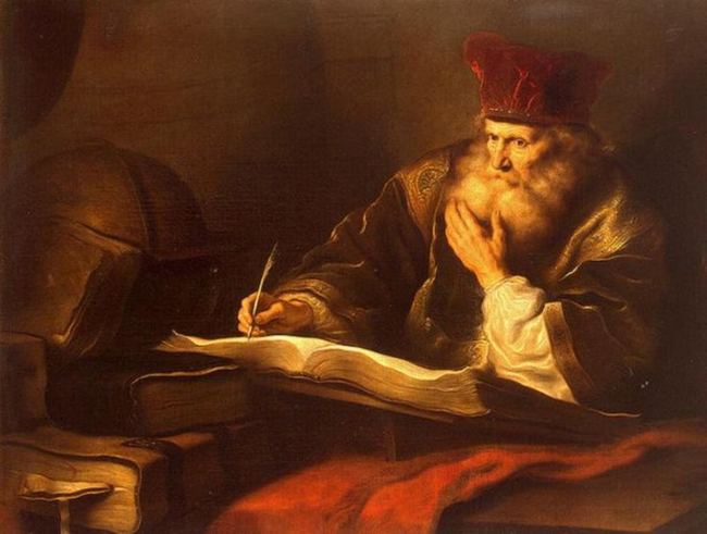 A scholar in a red cap writing with a quill